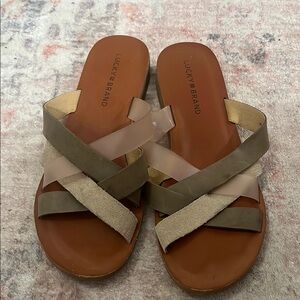 Lucky Brand Cream and Gray Sandals Slip-On Style